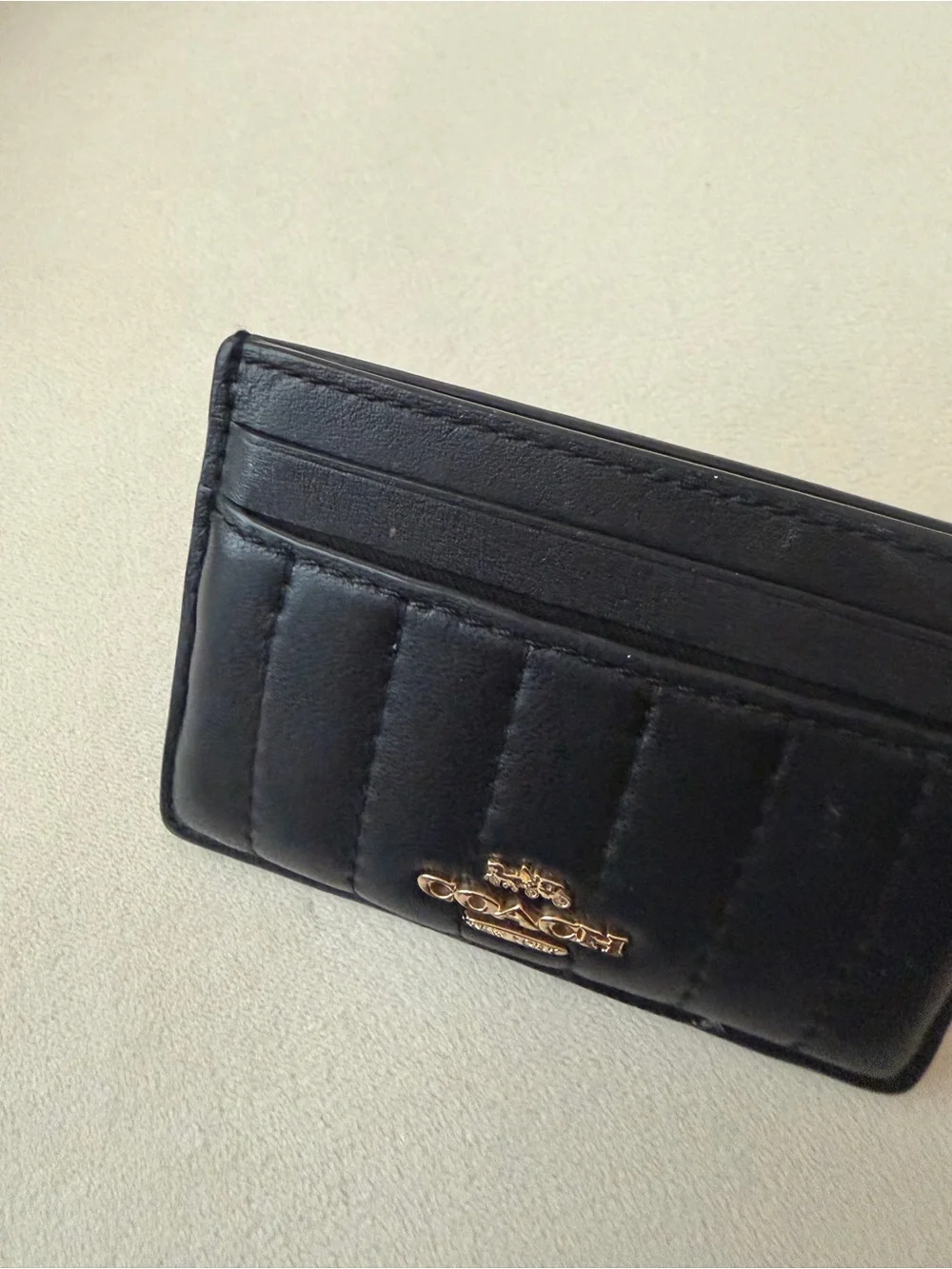 COACH Black Quilted Leather Card Holder with Gold Logo